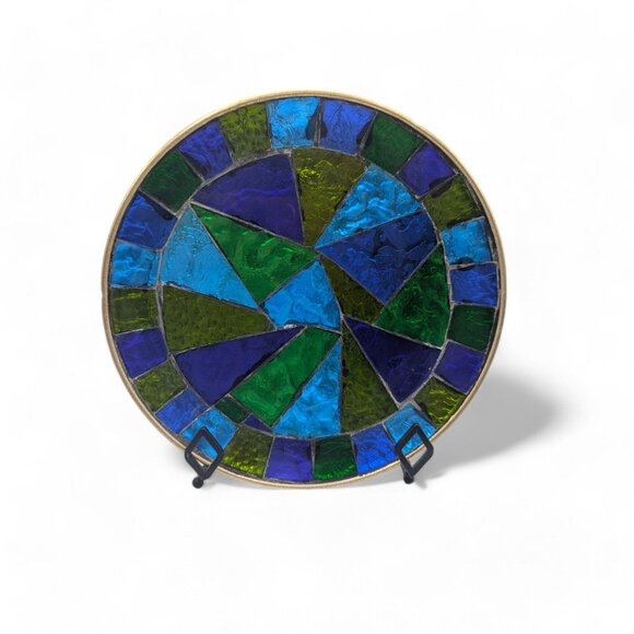 Vtg MCM SIGNED Jon Matin 12" Round Stained Foil Glass Tray/Platter Plate 1950's - Picture 10 of 12